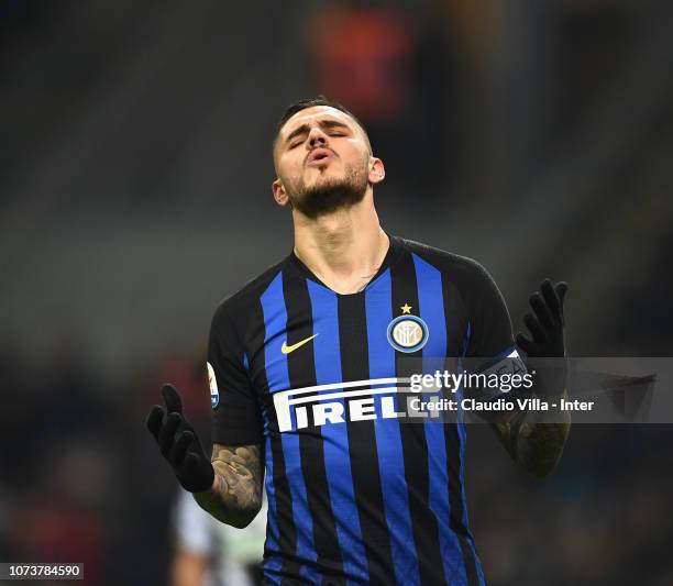 Mauro Icardi of FC Internazionale reacts during the Serie A match between FC Internazionale and Udinese at Stadio Giuseppe Meazza on December 15,...