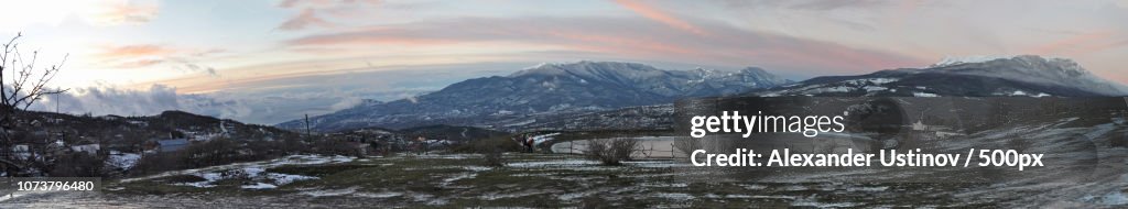 Panorama of the plateau Chater-Dag from village of Luchistoe. Kazi-Kai, Eklizi-Burun, Angar-Burun