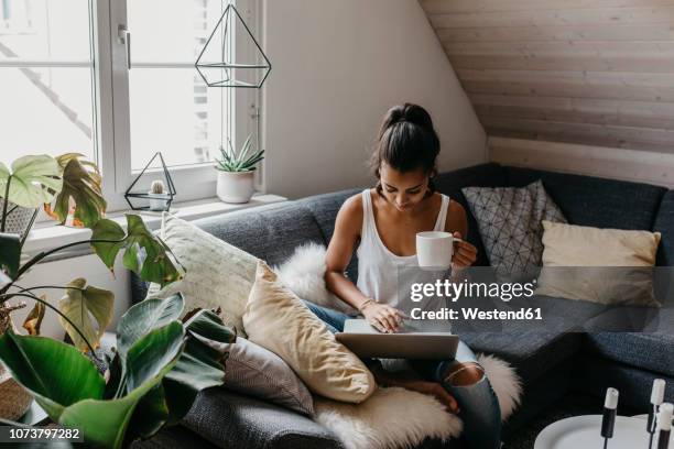 young woman sitting on the couch with cup of coffee using laptop - leather notebook stock pictures, royalty-free photos & images