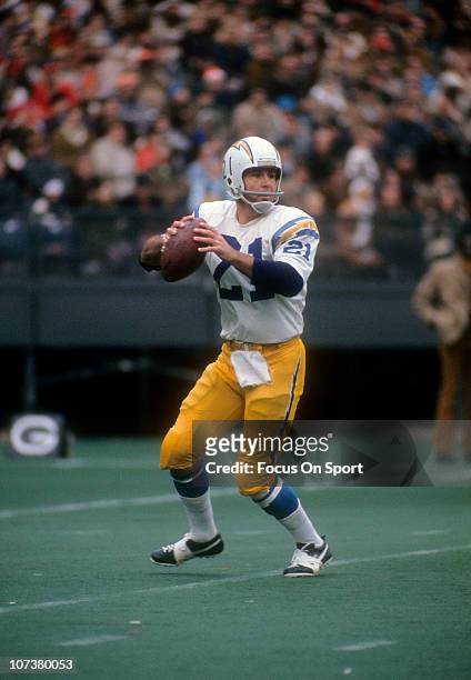 Quarterback John Hadl of the San Diego Chargers drops back to pass against the Pittsburgh Steelers during an NFL football game at Three Rivers...