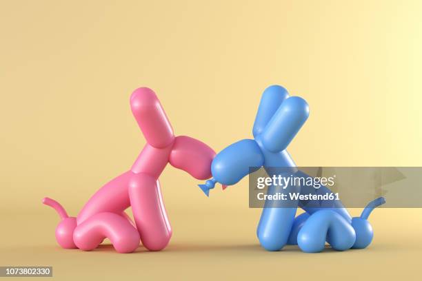 stockillustraties, clipart, cartoons en iconen met 3d rendering, two balloon dogs kissing in front of yellow background - animals kissing