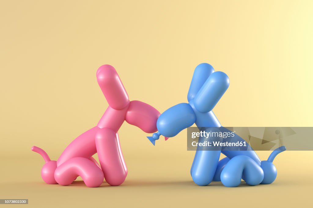 3D Rendering, Two balloon dogs kissing in front of yellow background