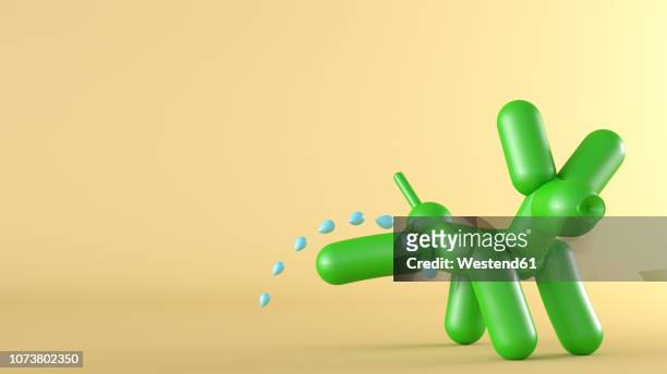 3d rendering, peeing green balloon dog in front of yellow background - urinating stock-grafiken, -clipart, -cartoons und -symbole