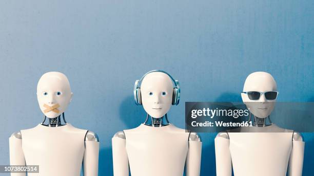 3d rendering, robots speaking no evil, hearing no evil, seeing no evil - no stock illustrations