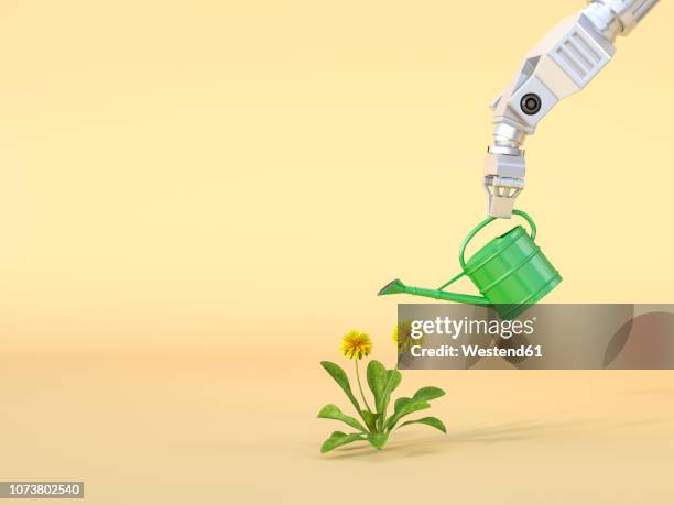 ilustraciones, imágenes clip art, dibujos animados e iconos de stock de 3d rendering, robot claw watering flowers - robot