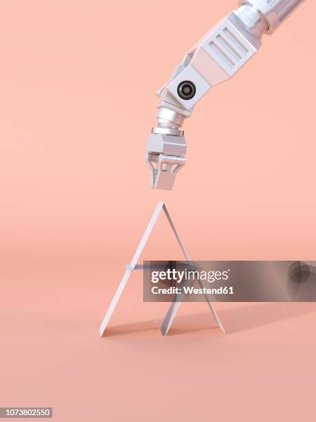 3d rendering, robot claw building house of cards - artificial intelligence stock-grafiken, -clipart, -cartoons und -symbole