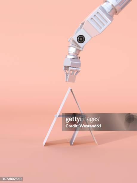stockillustraties, clipart, cartoons en iconen met 3d rendering, robot claw building house of cards - klauw-lichaamsdeel-van-dieren