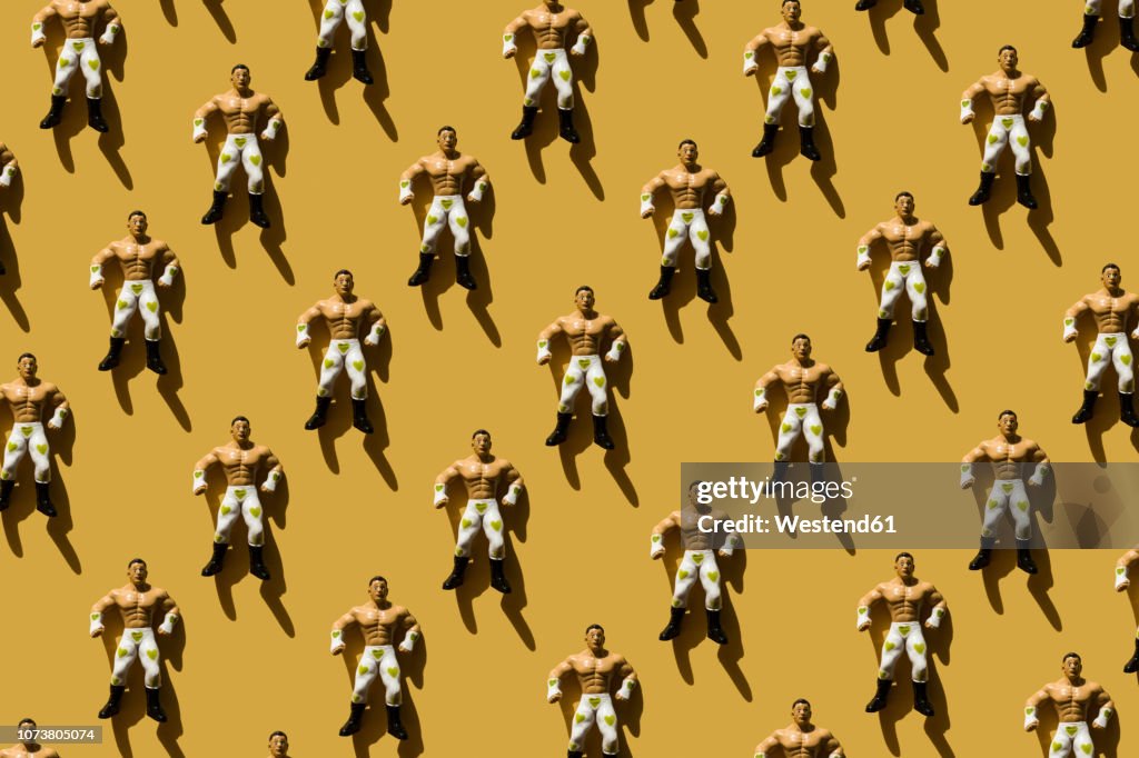 3D Rendering, strong man with green heart wrestler trouser, repetition