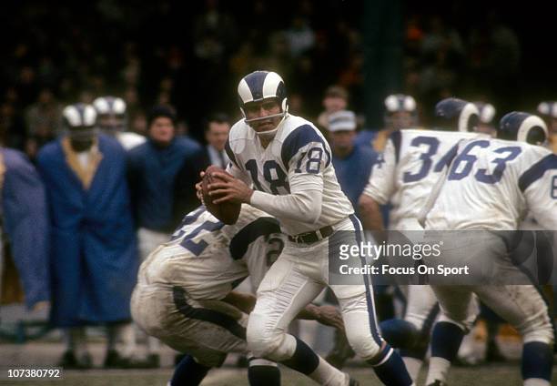 Quarterback Roman Gabriel of the Los Angeles Rams drops back to pass during an NFL football game circa 1970. Gabriel played for the Rams from 1962-72.