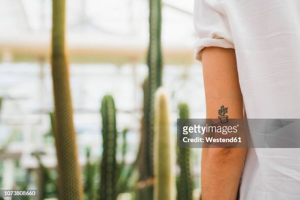 cactus tattoo on young woman's arm - tattoo 個照片及圖片檔