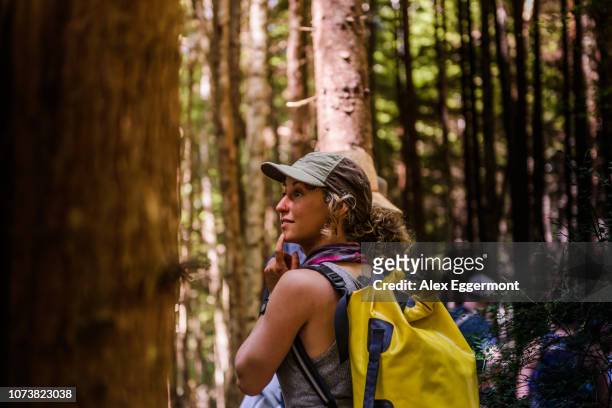 friends hiking in forest, johnstone strait, telegraph cove, canada - canadian pacific women stock pictures, royalty-free photos & images