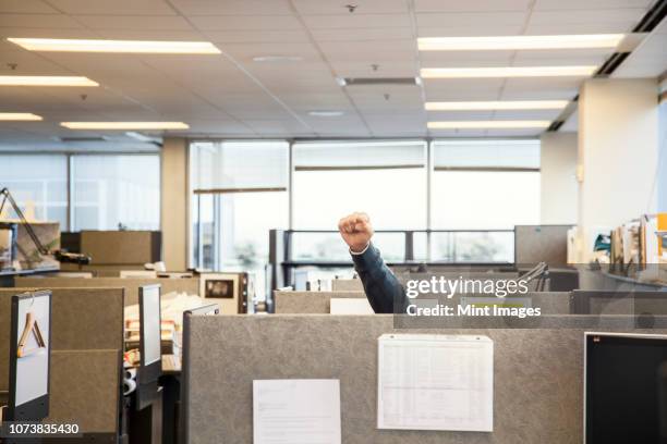 a view of cubicles in an office with a person raising their fist. - fist celebrating stock-fotos und bilder