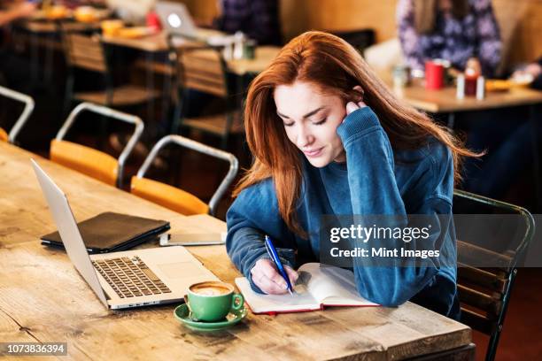 smiling young woman with long red hair sitting at table, working on laptop computer. - hot desking stock pictures, royalty-free photos & images