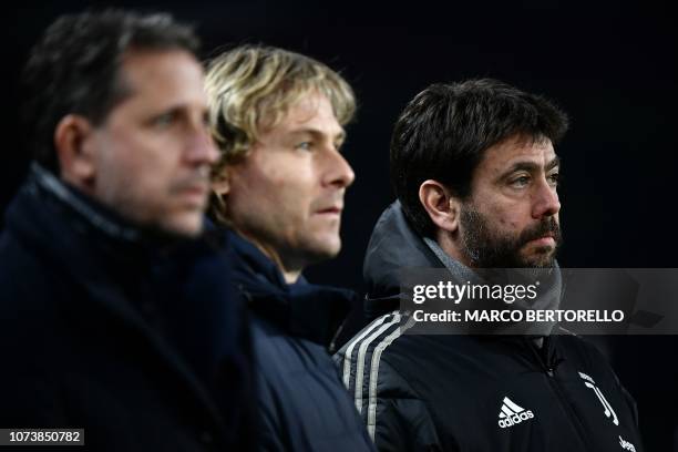 Juventus FC technical coordinator Fabio Paratici, Juventus FC vice president Pavel Nedved and Juventus FC President Andrea Agnelli attend the Italian...