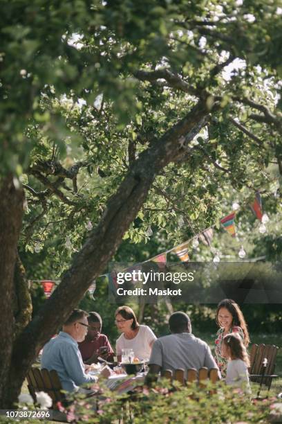 multi-generation family having lunch in backyard during garden party - 4 life natural foods stock-fotos und bilder