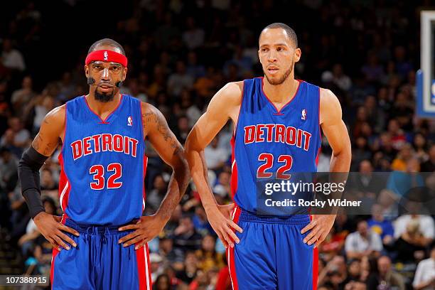 Richard Hamilton and Tayshaun Prince of the Detroit Pistons pause during action against the Golden State Warriors on November 15, 2010 at Oracle...