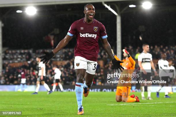 Michail Antonio of West Ham celebrates scoring their 2nd goal during the Premier League match between Fulham FC and West Ham United at Craven Cottage...