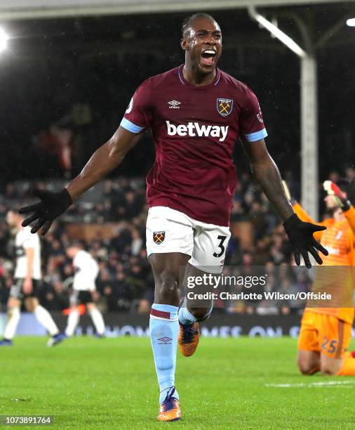 Michail Antonio of West Ham celebrates scoring their 2nd goal during the Premier League match between Fulham FC and West Ham United at Craven Cottage...