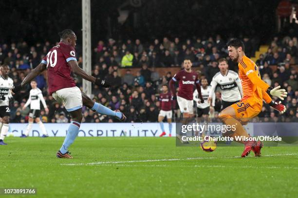Michail Antonio of West Ham scores their 2nd goal during the Premier League match between Fulham FC and West Ham United at Craven Cottage on December...