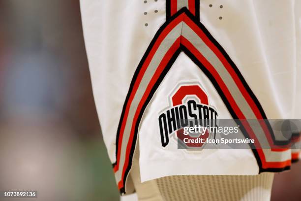 Detailed view of an Ohio State Buckeyes logo on the shorts of Ohio State Buckeyes forward Andre Wesson in a game between the Ohio State Buckeyes and...