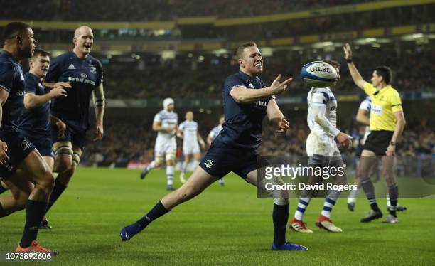 Rory O'Loughlin of Leinster celebrates after scoring their second try during the Champions Cup match between Leinster Rugby and Bath Rugby at the...