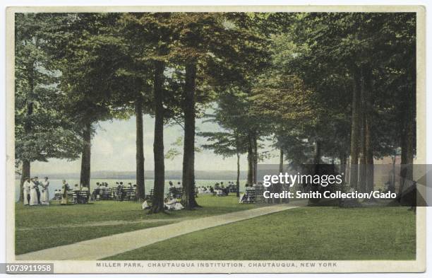 Postcard with a color image depicting a view of people in Victorian summer clothing, standing and sitting on benches set beneath tall trees, with the...