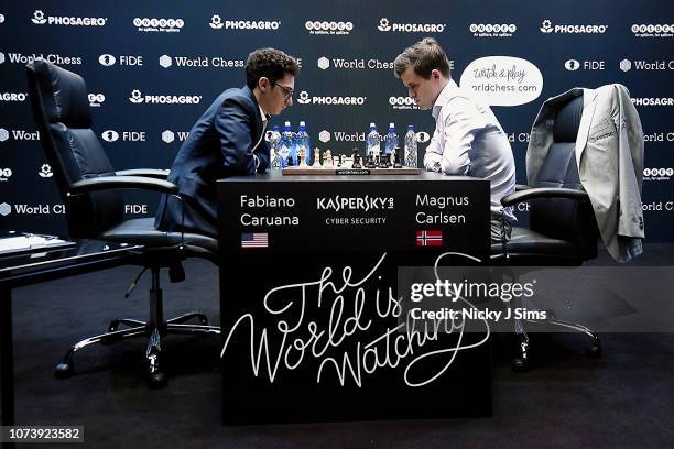 Fabiano Caruana and Magnus Carlsen during the Tie-break games of the World Chess Championship 2018 won by Norwegian title holder, Magnus Carlsen on...