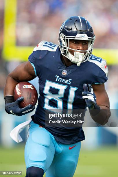 Jonnu Smith of the Tennessee Titans runs the ball during a game against the New England Patriots at Nissan Stadium on November 11, 2018 in...