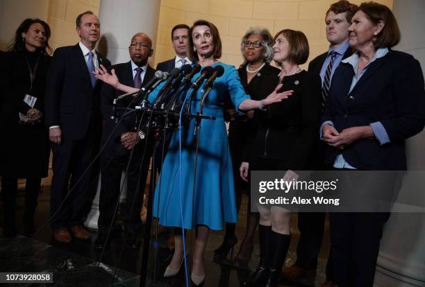 House Minority Leader Rep. Nancy Pelosi speaks to members of the media as Rep.-elect Veronica Escobar , Rep. Adam Schiff , Rep. John Lewis , Rep....