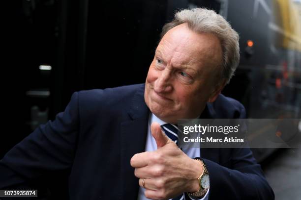 Cardiff City manager Neil Warnock gives a thumbs up prior to the Premier League match between Watford FC and Cardiff City at Vicarage Road on...