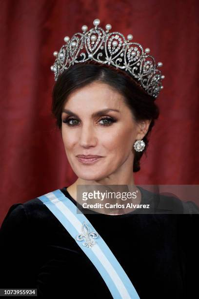 Queen Letizia of Spain attends the Royal Gala Dinner in honour of Chinese president Xi Jinping and wife Peng Liyuan at the Royal Palace on November...