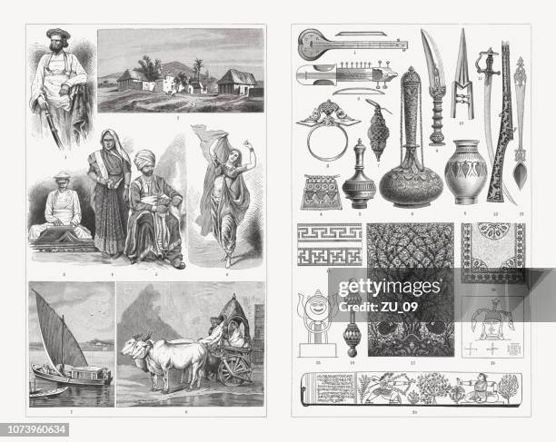 indian culture, people and culture objects, wood engravings, published 1897 - sitar stock illustrations