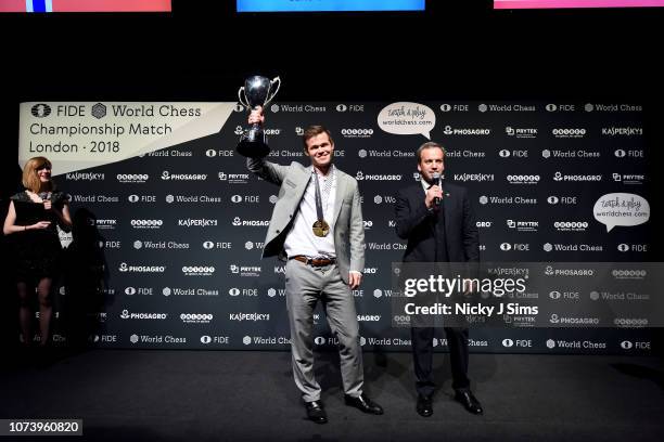 Chess master and winner, Magnus Carlsen and FIDE President, Arkady Dvorkovich at the award ceremony of the World Chess Championship 2018 on November...