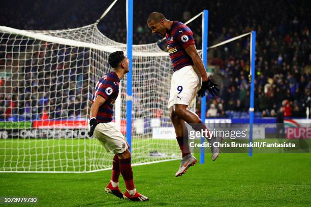 Salomon Rondon of Newcastle United celebrates scoring his sides first goal with teammate Ayoze Perez during the Premier League match between...