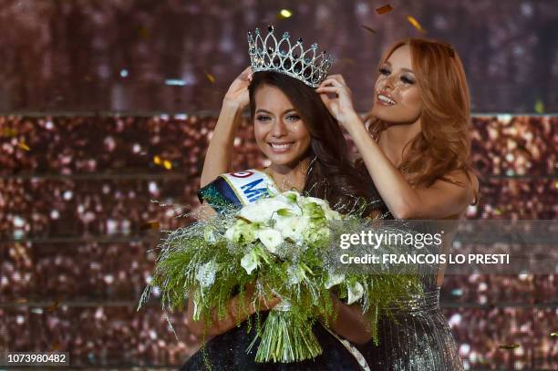 Newly elected Miss France 2019, Miss Tahiti Vaimalama Chaves, is crowned by Miss France 2018 Maeva Coucke at the end of the Miss France 2019 beauty...