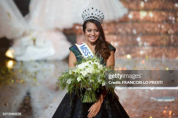 Newly elected Miss France 2019, Miss Tahiti Vaimalama Chaves reacts after winning the Miss France 2019 beauty contest in Lille, on December 15, 2018.
