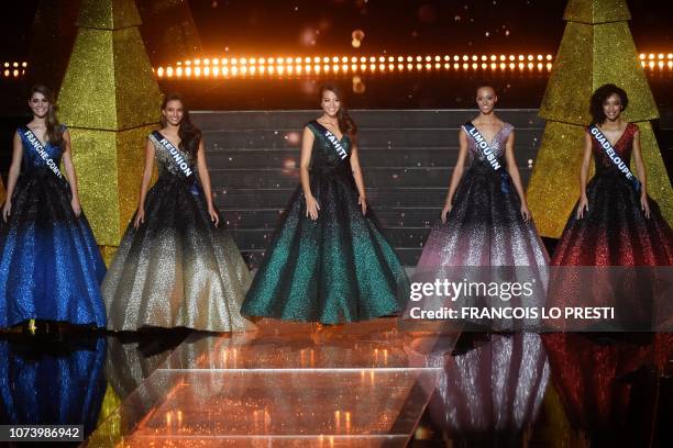 The five finalists, Miss Franche-Comte Lauralyne Demesmay, Miss Reunion Morgane Soucramanien, Miss Tahiti Vaimalama Chaves, Miss Limousin Aude...