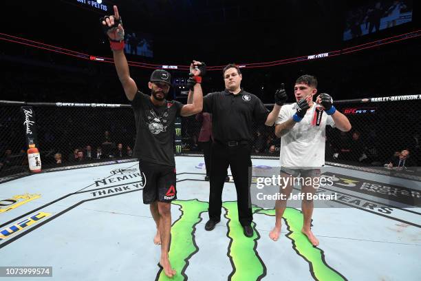 Rob Font celebrates his victory over Sergio Pettis in their bantamweight bout during the UFC Fight Night event at Fiserv Forum on December 15, 2018...
