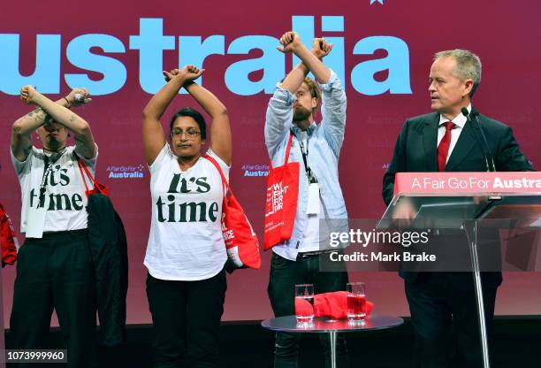 Protestors interrupt Labor leader Bill Shorten's opening address during the 2018 ALP National Conference on December 16, 2018 in Adelaide, Australia....