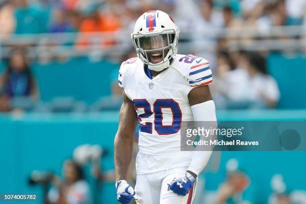 Rafael Bush of the Buffalo Bills reacts against the Miami Dolphins at Hard Rock Stadium on December 2, 2018 in Miami, Florida.