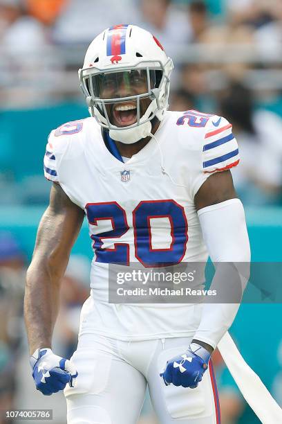 Rafael Bush of the Buffalo Bills reacts against the Miami Dolphins at Hard Rock Stadium on December 2, 2018 in Miami, Florida.