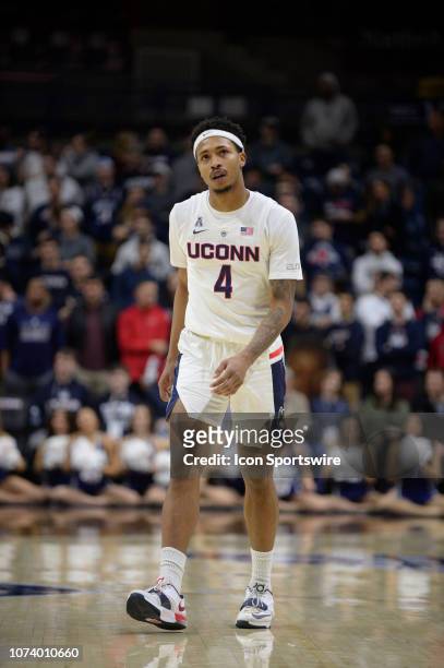 UConn Huskies guard Jalen Adams during the game as the Manhattan Jaspers take on the UConn Huskies on December 15, 2018 at the Harry A. Gampel...