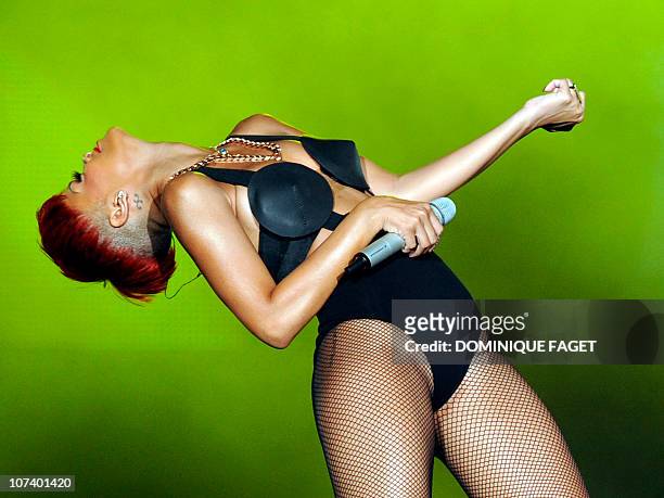 Barbadian singer Rihanna performs on stage during the "Rock in Rio" music festival on June 5, 2010 in Arganda del Rey near Madrid. AFP PHOTO/...