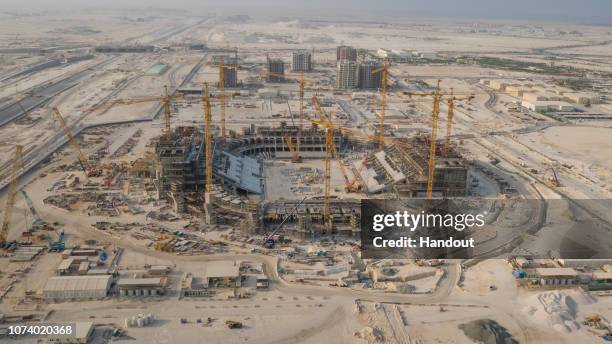In this handout image released by the 2022 Supreme Committee for Delivery and Legacy, Qatar's 2022 FIFA World Cup Lusail Stadium is seen under...
