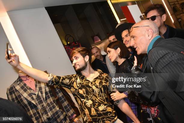 Influencer Yanis Bargoin, influencer Ayla Rasulov Thierry Ker and guests pose for a selfie during Blake Magazine 10th Anniversary at Vivienne...