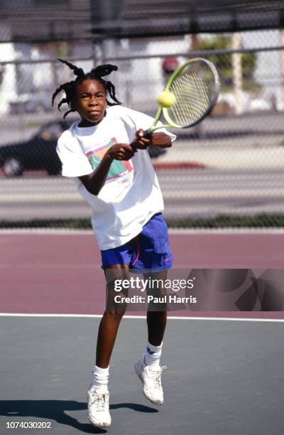 American tennis player Venus Williams practices her backhand during a training session at the Compton tennis courts, South Central Los Angeles,...