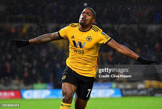 Ivan Cavaleiro of Wolverhampton Wanderers celebrates after scoring his team's second goal during the Premier League match between Wolverhampton...