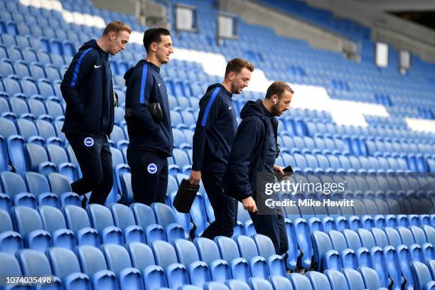 Glenn Murray, Dale Stephens, Lewis Dunk and Jason Steele of Brighton and Hove Albion arrive during the Premier League match between Brighton & Hove...