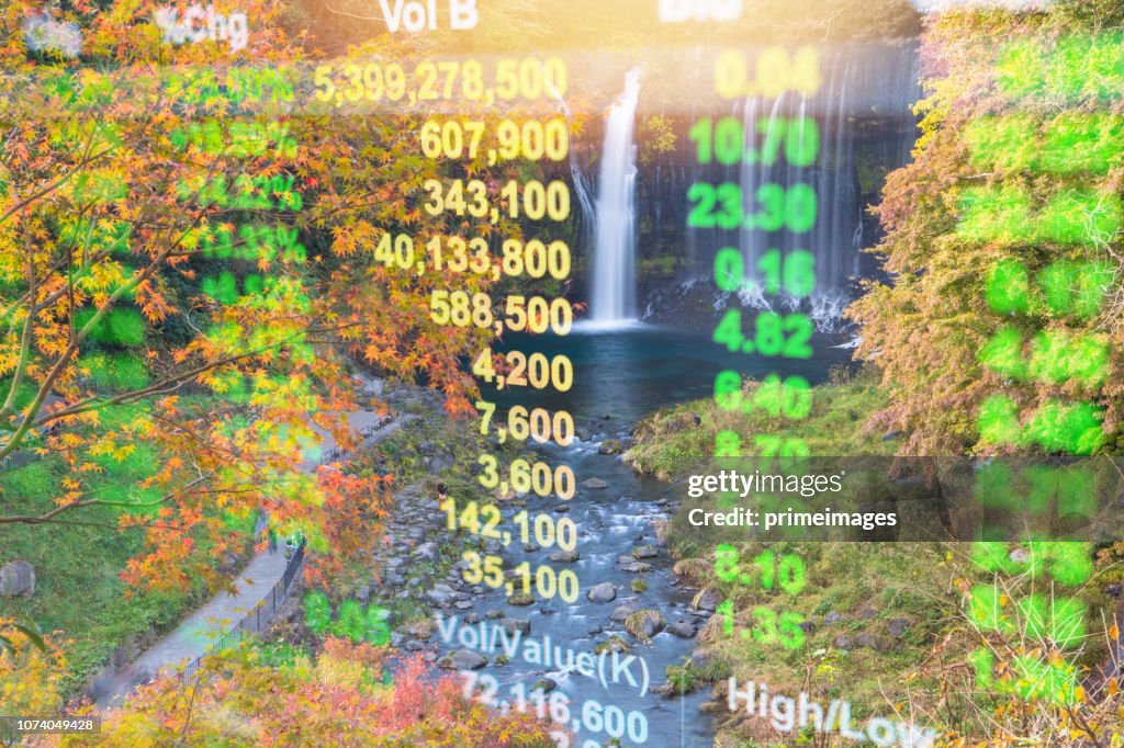Investment and banking theme with Fuji mountain and Kawaguchiko lake in morning, Autumn seasons Fuji mountain at yamanachi in Japan.