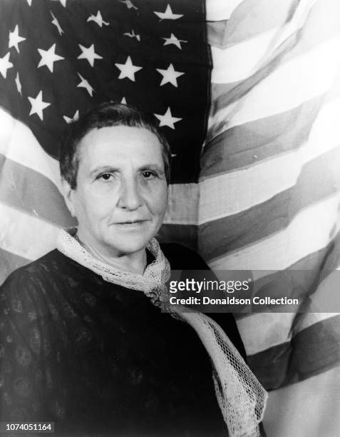 Portrait of Gertrude Stein with American flag as backdrop